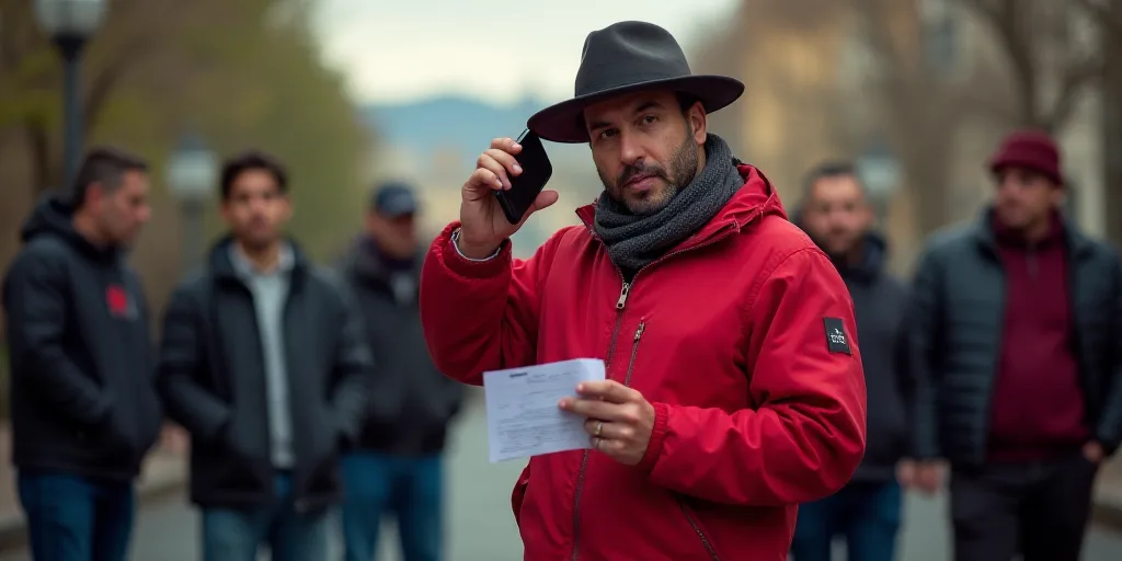 a man in a red jacket and hat holding a cell phone and a paper in his hand while others look on, Est