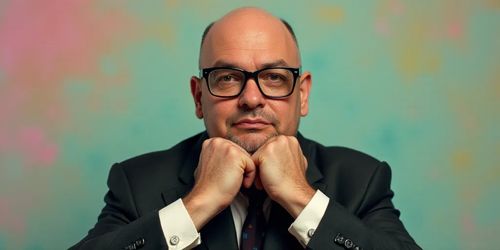 a man in a suit and glasses is posing for a picture with his hands on his chins and his chin resting