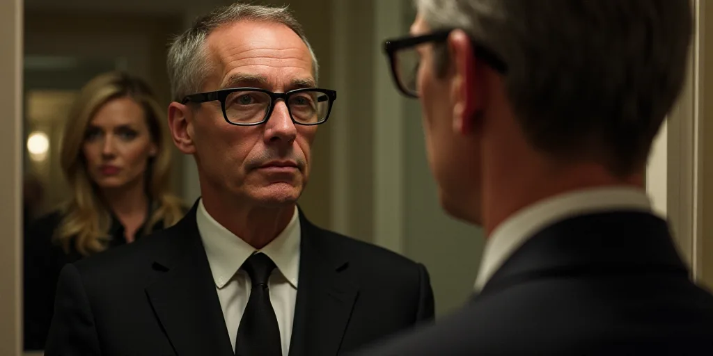 a man in a suit and glasses looking at his reflection in a mirror with a woman in the background, An