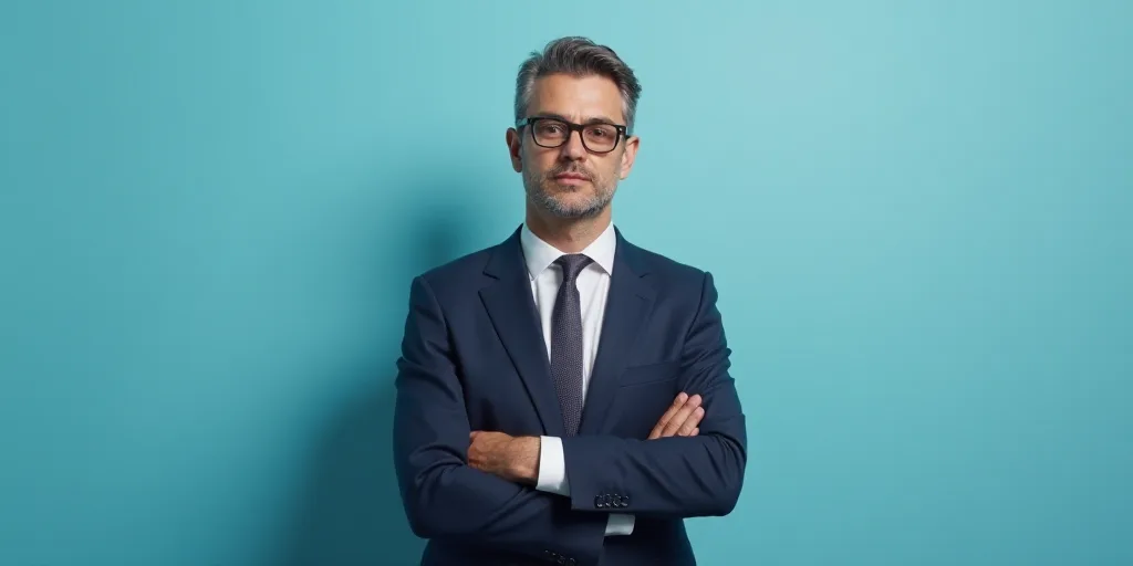 a man in a suit and glasses standing in front of a blue background with a black and white photo, Est