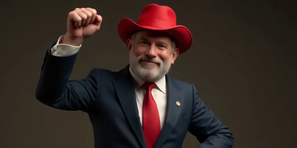 a man in a suit and red tie with a red hat on his head and his arm raised up, Donald Roller Wilson,