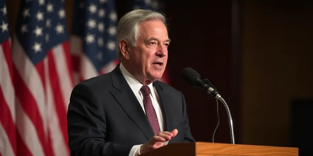 a man in a suit and tie giving a speech at a podium with flags behind him and a microphone in front