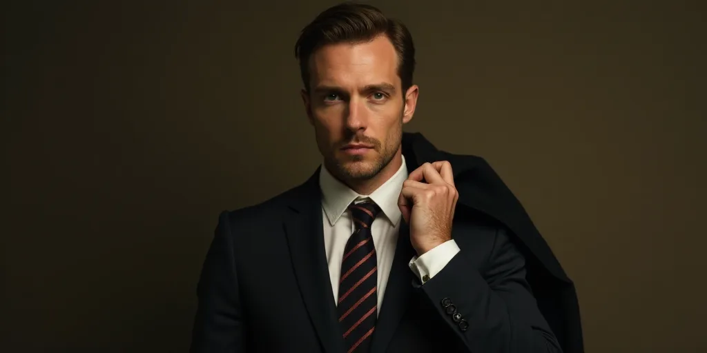 a man in a suit and tie holding a jacket over his shoulder and looking at the camera with a serious