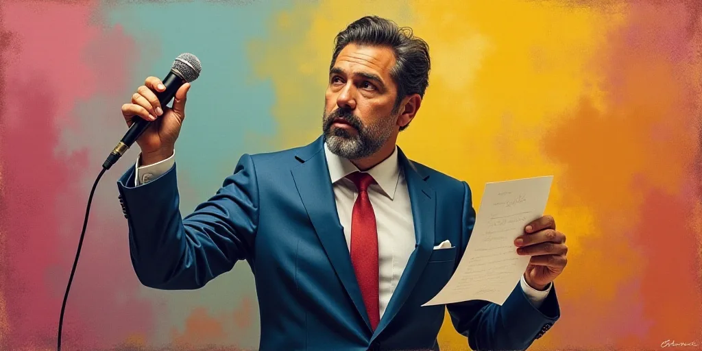 a man in a suit and tie holding a piece of paper in his hand and a microphone in his other hand, Car