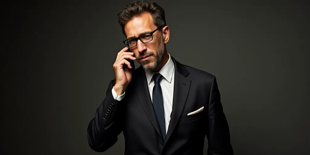 a man in a suit and tie holding a cell phone up to his ear and a microphone to his ear, Étienne Aub