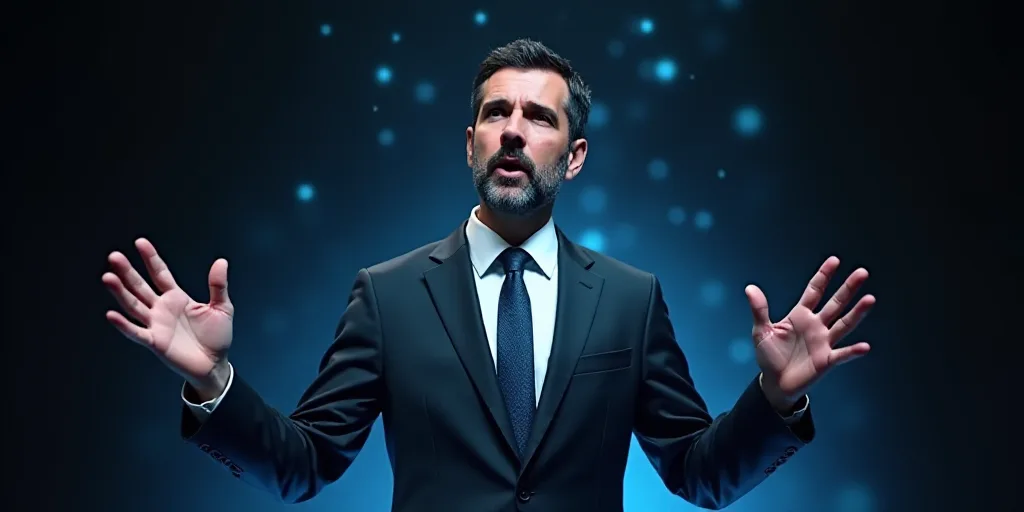 a man in a suit and tie is giving a speech with his hands up in the air and his hands out, david rub