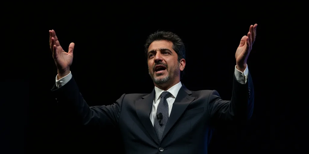 a man in a suit and tie is giving a speech with his hands up in the air and a black background, Carl