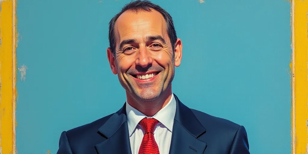 a man in a suit and tie is smiling for a picture with a blue background and a yellow border, Edward