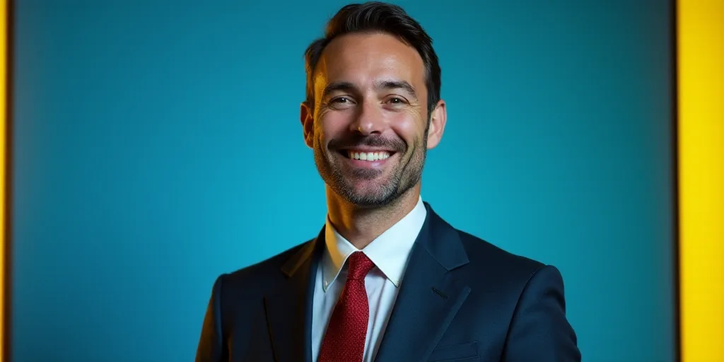 a man in a suit and tie is smiling for a picture with a blue background and a yellow border, Edward