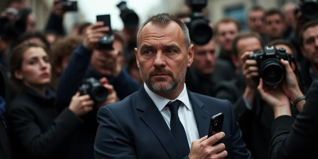a man in a suit and tie is surrounded by reporters and taking pictures of him with his phone and cam