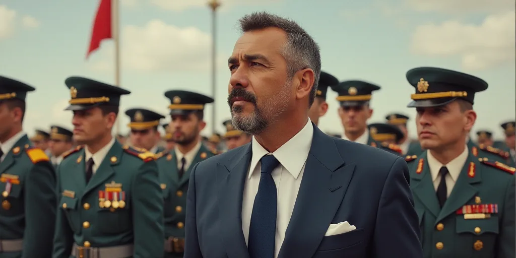 a man in a suit and tie looking off into the distance with other men in uniform in the background, E