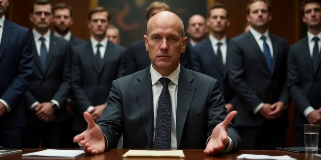 a man in a suit and tie sitting at a desk with his hands out in front of him and other men in suits