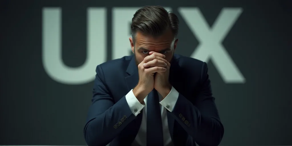 a man in a suit and tie sitting down with his hands clasped to his face and the letter x in the back