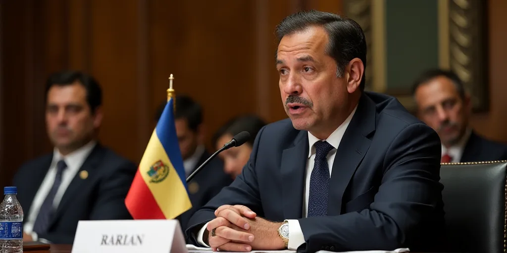 a man in a suit and tie sitting at a table with flags in front of him and a microphone in front of h