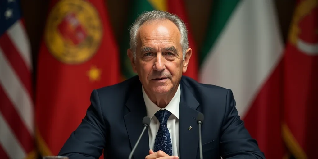 a man in a suit and tie sitting in front of a microphone and flags of different countries behind him