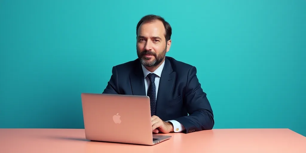 a man in a suit and tie sitting at a table with a laptop computer in front of him and a blue backgro