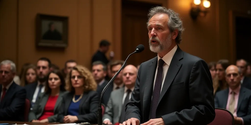 a man in a suit and tie speaking into a microphone in a room with other people sitting in chairs, An