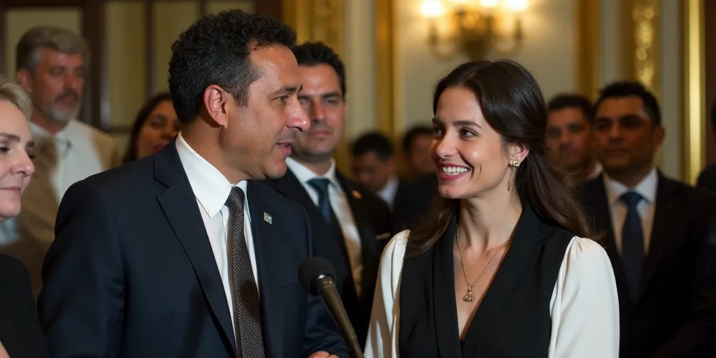 a man in a suit and tie speaking into a microphone with a woman in a black and white dress shirt, Fe