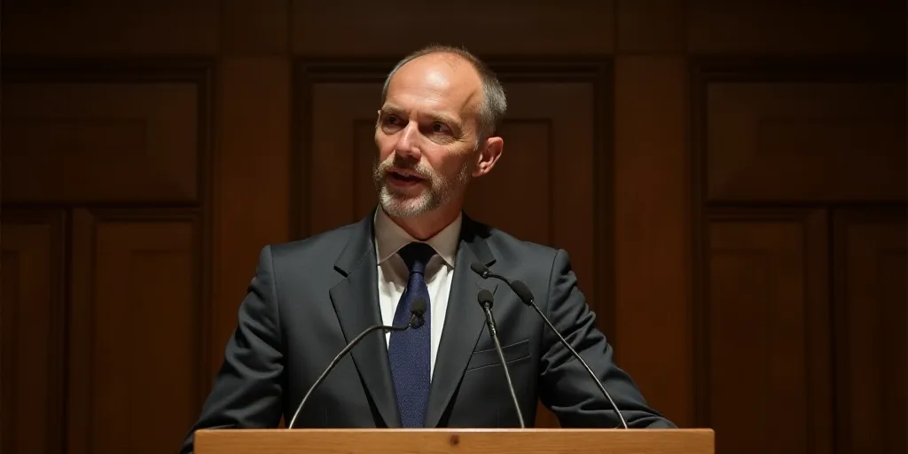 a man in a suit and tie speaking at a podium with a microphone in front of him and a wooden panel be