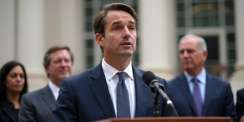 a man in a suit and tie speaking at a podium with other people behind him and a building in the back