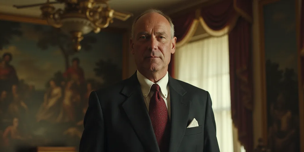 a man in a suit and tie standing in a room with a ceiling fan and a large window behind him, Donald