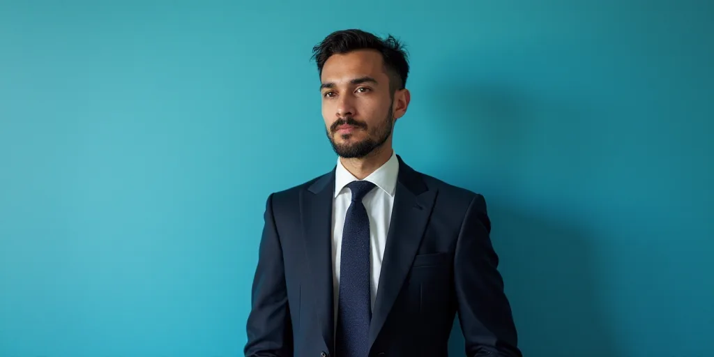 a man in a suit and tie standing in front of a blue background with a black and white photo, Alejand