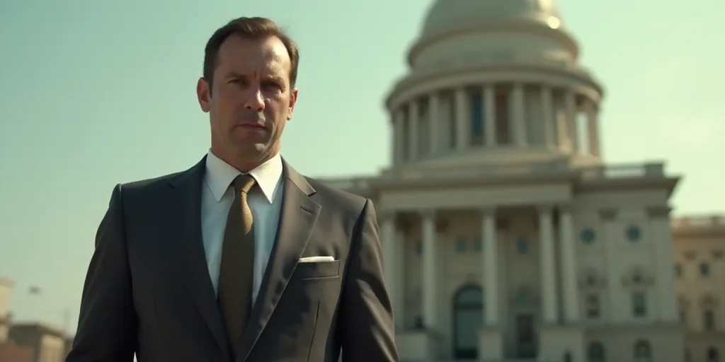 a man in a suit and tie standing in front of a building with a dome on it's side, Donald Roller Wils