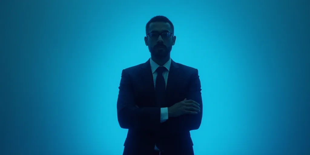 a man in a suit and tie standing with his arms crossed in front of him with a blue background, Enriq