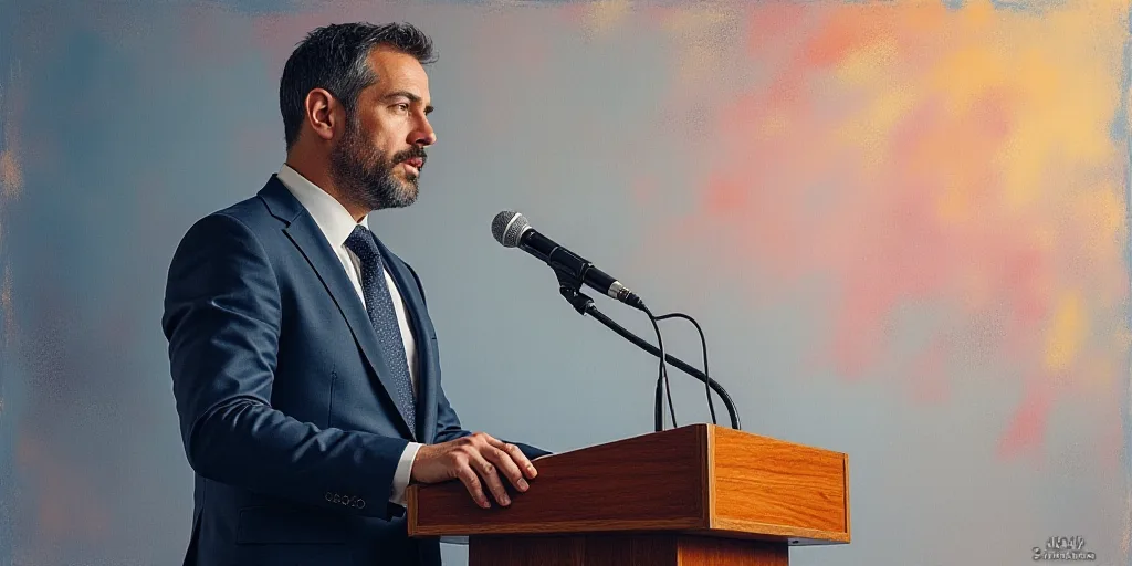 a man in a suit and tie standing at a podium in front of a microphone and a microphone stand, Bernat