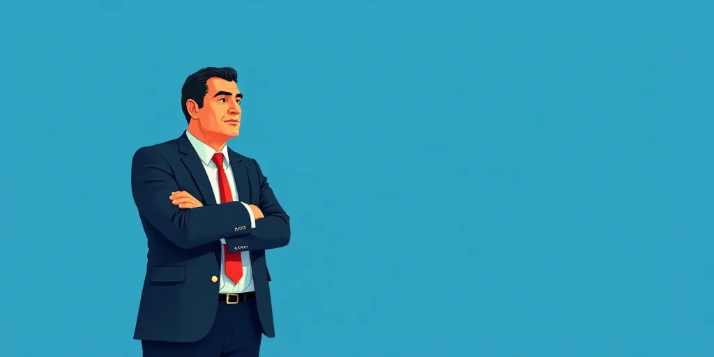 a man in a suit and tie standing with his arms crossed in front of him, with a blue background, Carl
