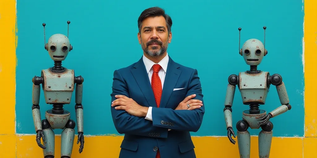 a man in a suit and tie standing with his arms crossed in front of a blue background with a yellow b