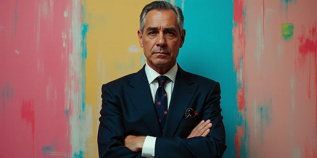 a man in a suit and tie standing with his arms crossed in front of him, with the caption of a photo