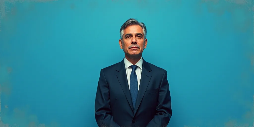 a man in a suit and tie standing in front of a blue background with a caption that reads, louis migu