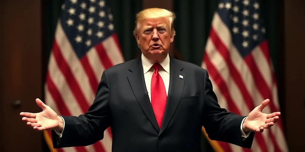a man in a suit and tie standing in front of two american flags with his hands out in front of him,