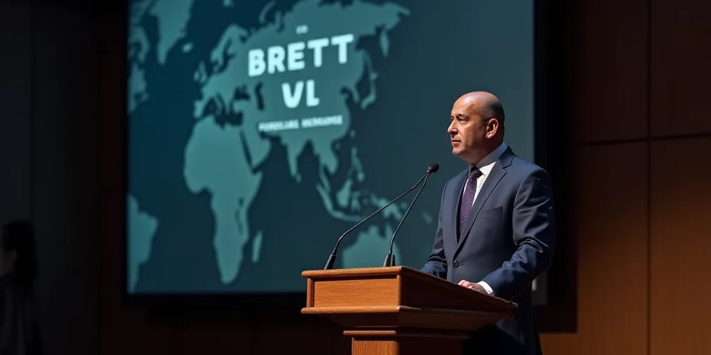 a man in a suit and tie standing at a podium with a microphone in front of him and a screen behind h