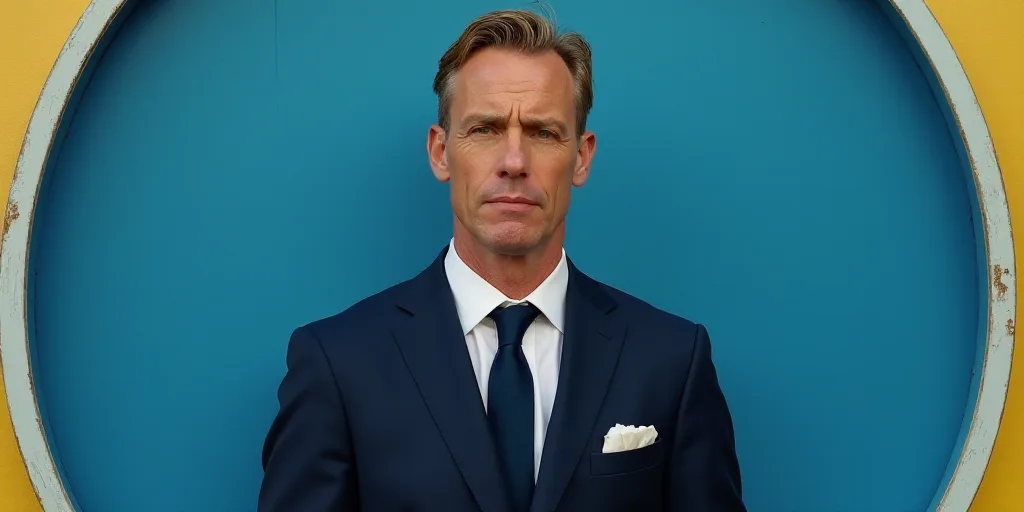 a man in a suit and tie standing in front of a blue background with a white and yellow border, Edwar