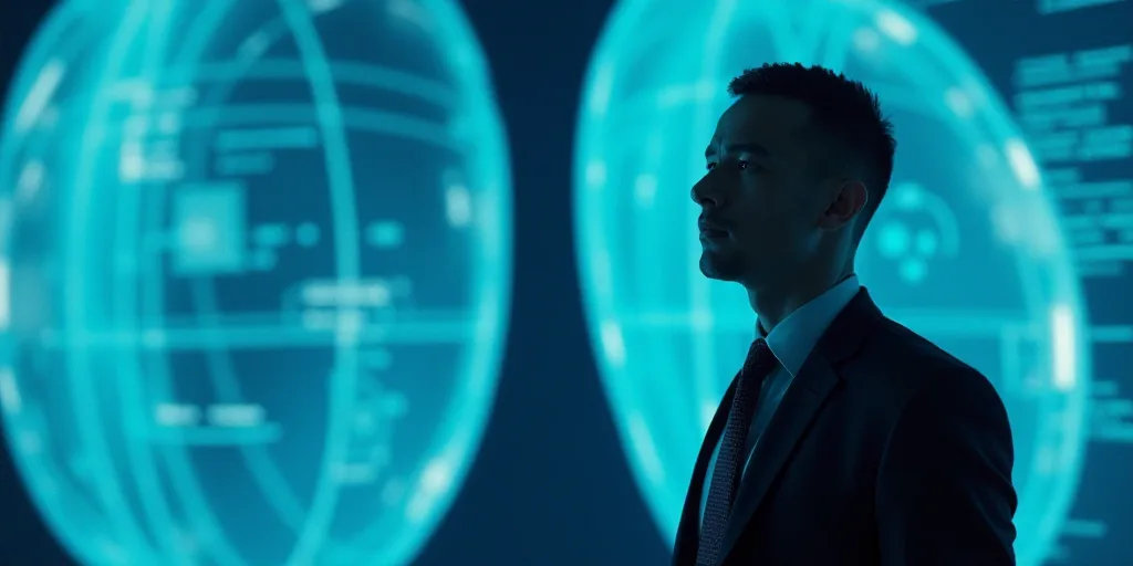 a man in a suit and tie standing in front of a blue background with a black and white photo, Edward