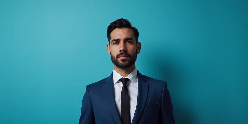 a man in a suit and tie standing in front of a blue background with a black and white photo, Alejand