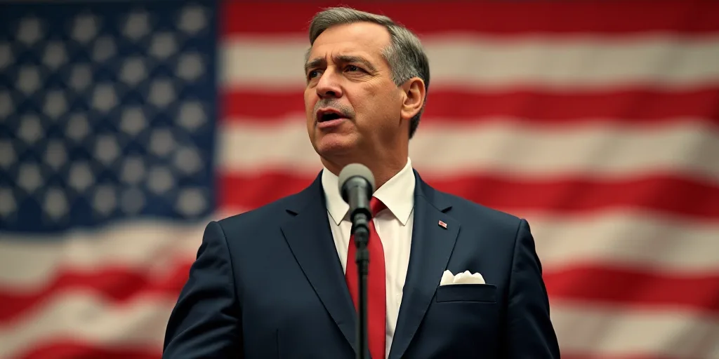a man in a suit and tie standing in front of a flag and a microphone with a microphone in front of h