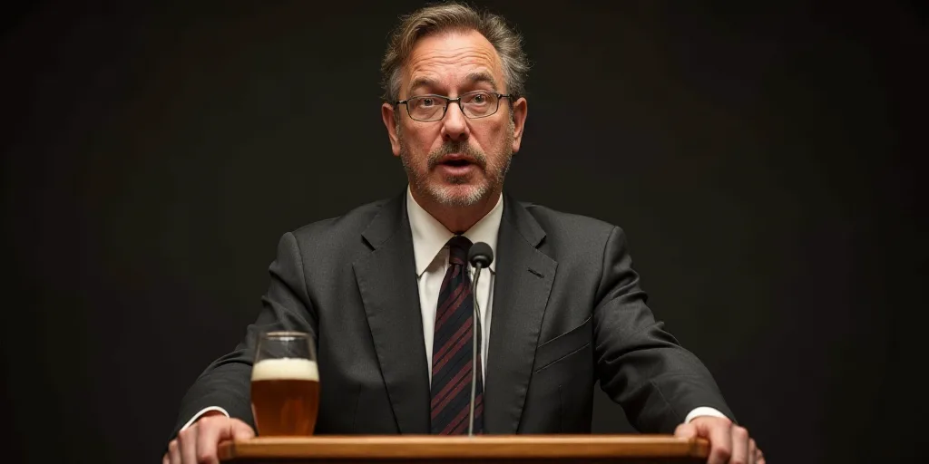 a man in a suit and tie standing at a podium with a microphone in front of him and a bottle of beer