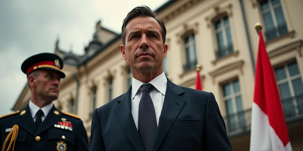 a man in a suit and tie standing in front of flags and a building with a man in uniform, André Fran