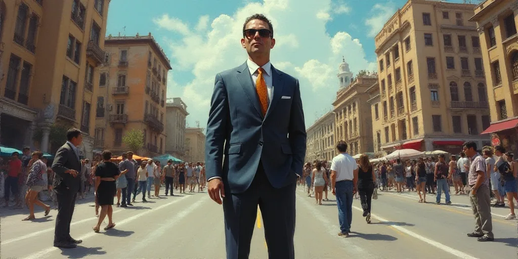 a man in a suit and tie standing on a street corner with people walking around him and a crowd of pe