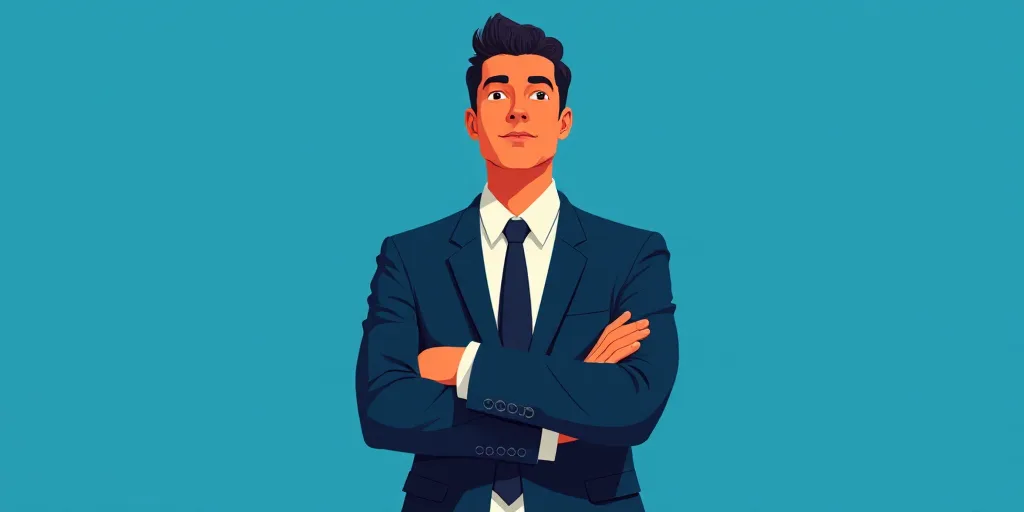 a man in a suit and tie standing with his arms crossed in front of him, with a blue background, Carl