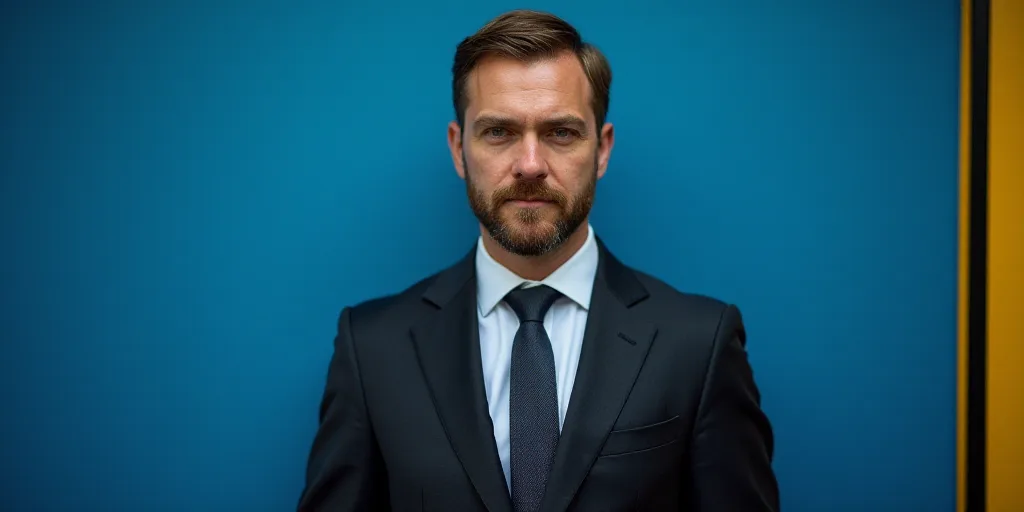 a man in a suit and tie standing in front of a blue background with a black and yellow border, Chris