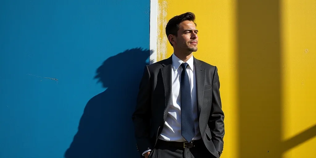 a man in a suit and tie standing in front of a blue background with a yellow border and a black and