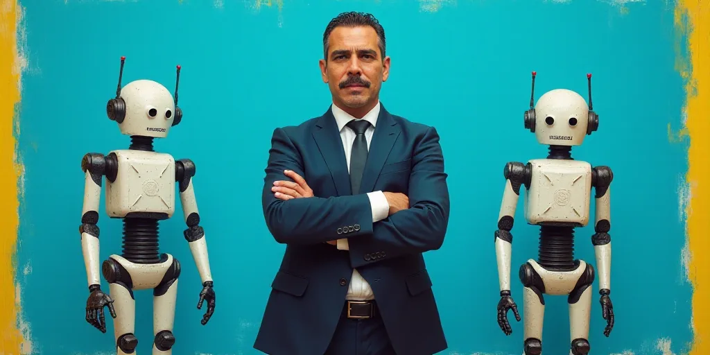 a man in a suit and tie standing with his arms crossed in front of a blue background with a yellow b