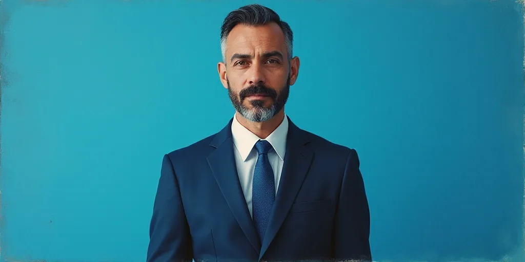 a man in a suit and tie standing in front of a blue background with a caption that reads, louis migu