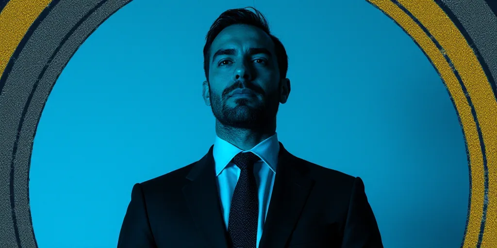 a man in a suit and tie standing in front of a blue background with a black and yellow border, Eduar