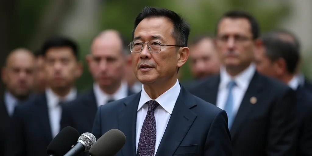a man in a suit and tie standing in front of microphones and microphones with other people behind hi