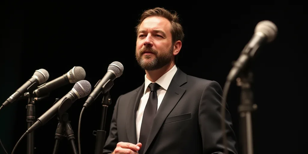 a man in a suit and tie standing in front of microphones with microphones in front of him, Clovis Tr